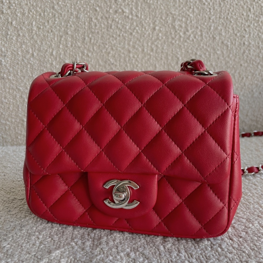 Chanel mini square classic flap in red lambskin